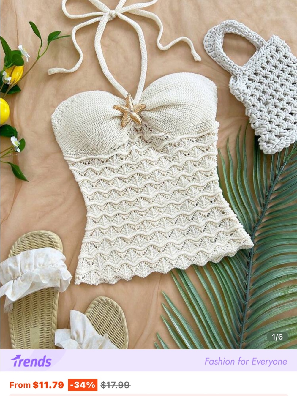 SHEIN Cream Crochet Halter Tank with Scallop Knit